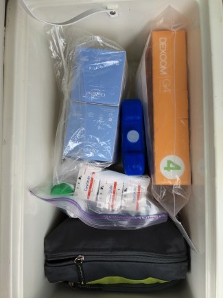 The Cool Cooler has CGM sensors, Omnipods, BG strips, pharmaceuticals, gummy packs for low BGs and more.